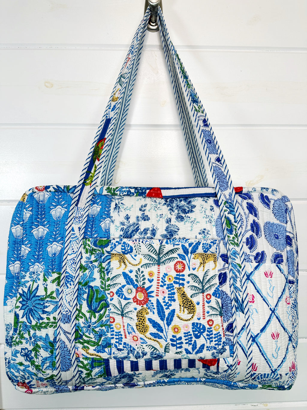 Blue Patchwork Quilted Weekender Overnight Bag