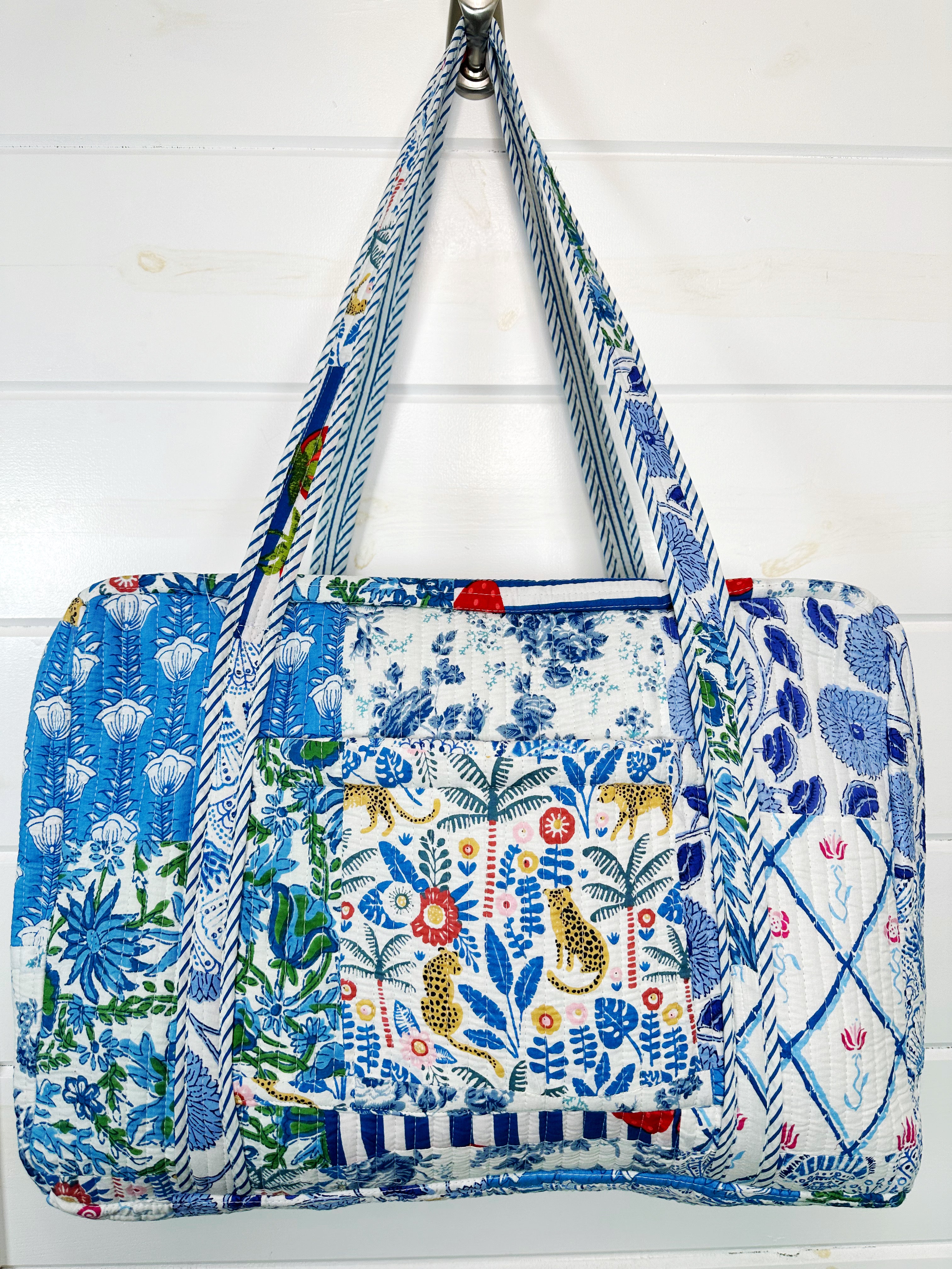 Blue Patchwork Quilted Weekender Overnight Bag