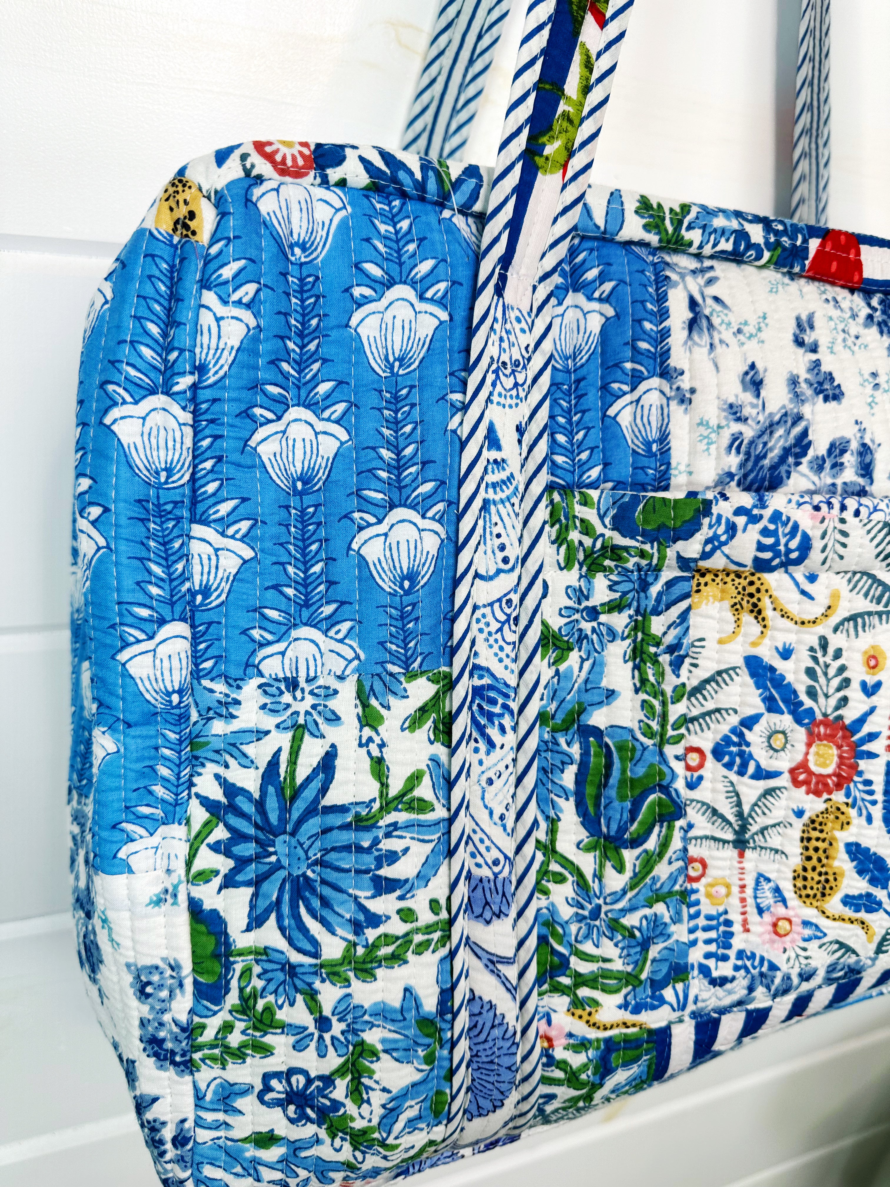 Blue Patchwork Quilted Weekender Overnight Bag