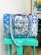 Blue Patchwork Quilted Weekender Overnight Bag