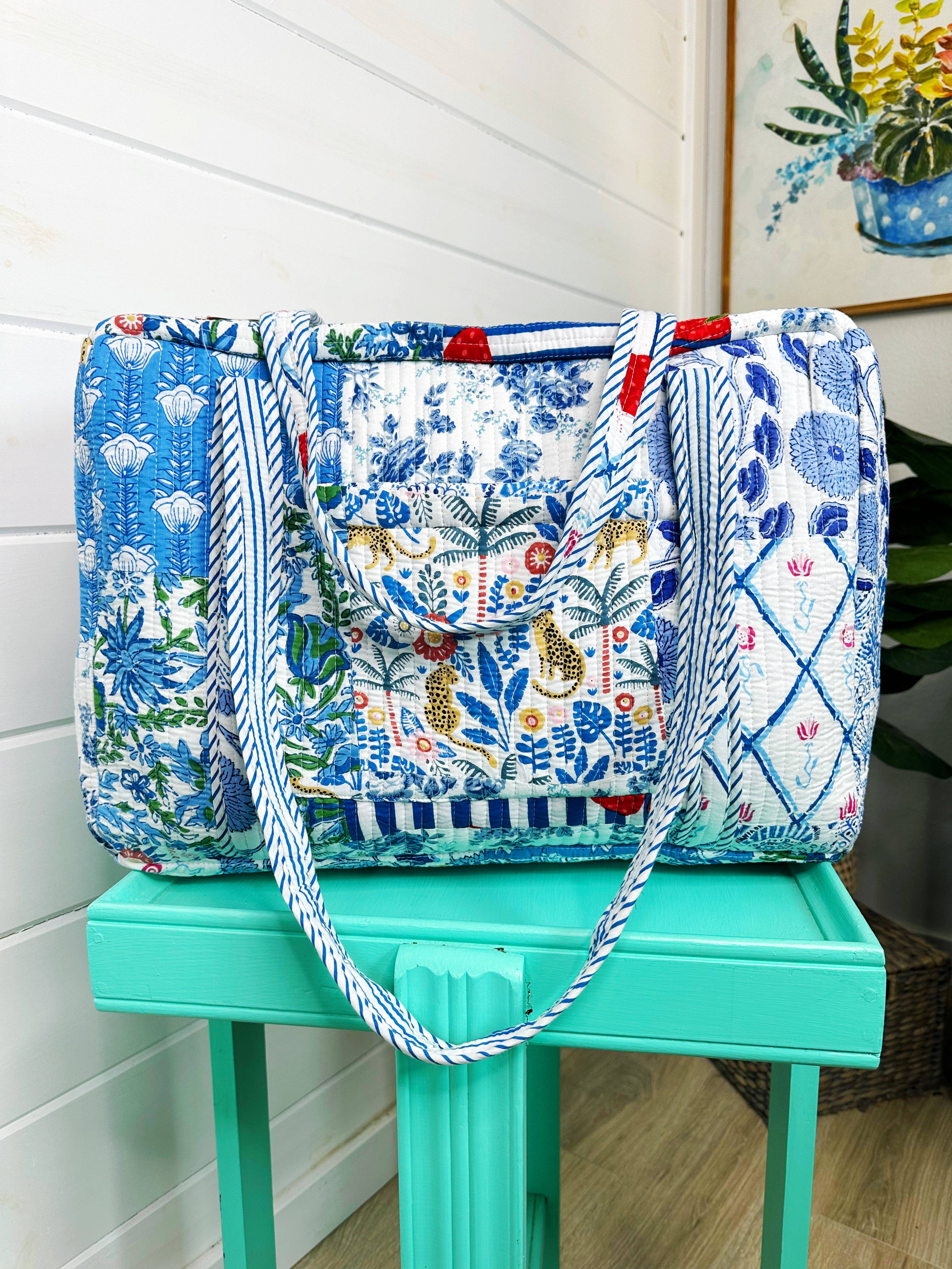 Blue Patchwork Quilted Weekender Overnight Bag