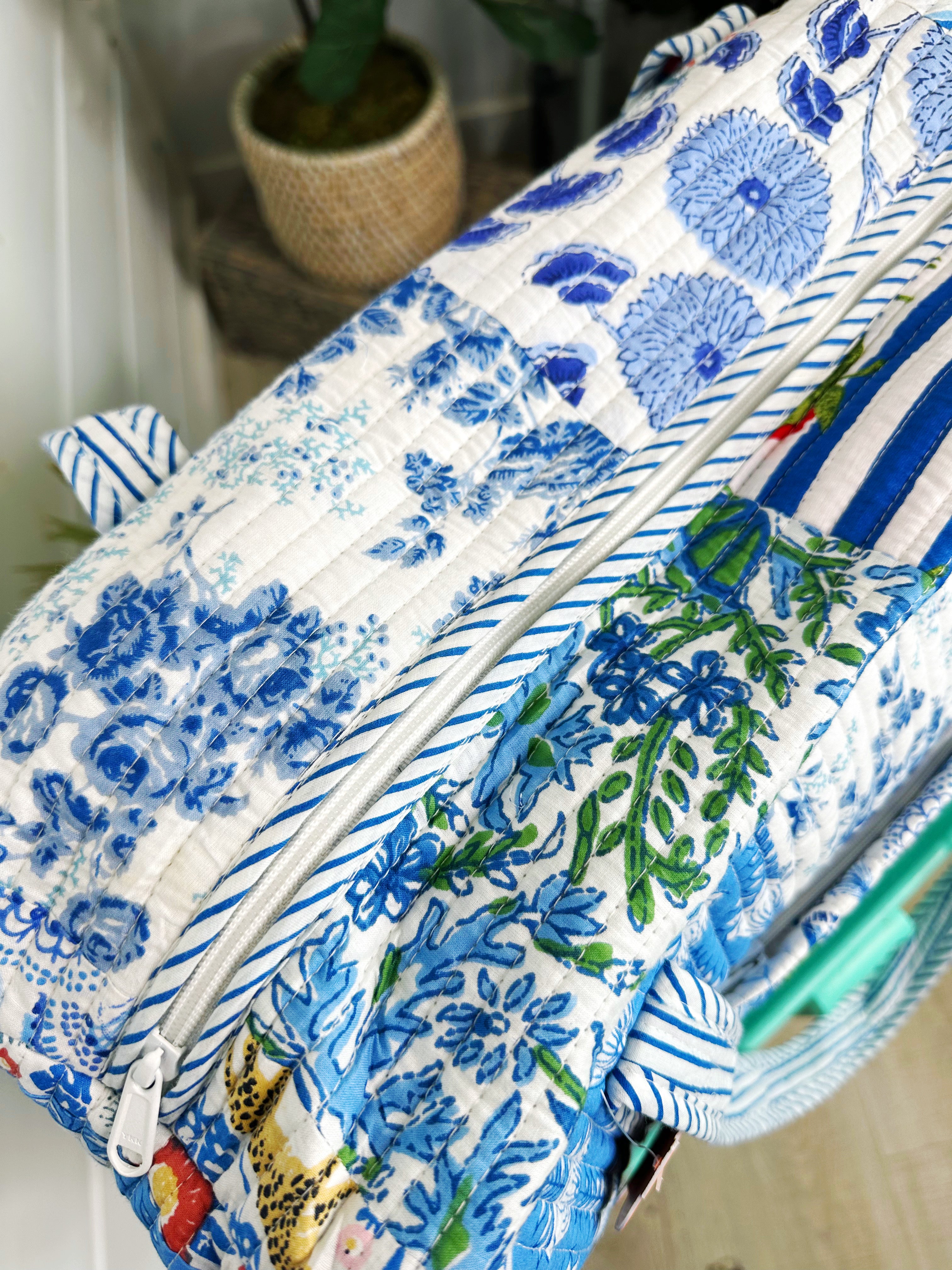 Blue Patchwork Quilted Weekender Overnight Bag