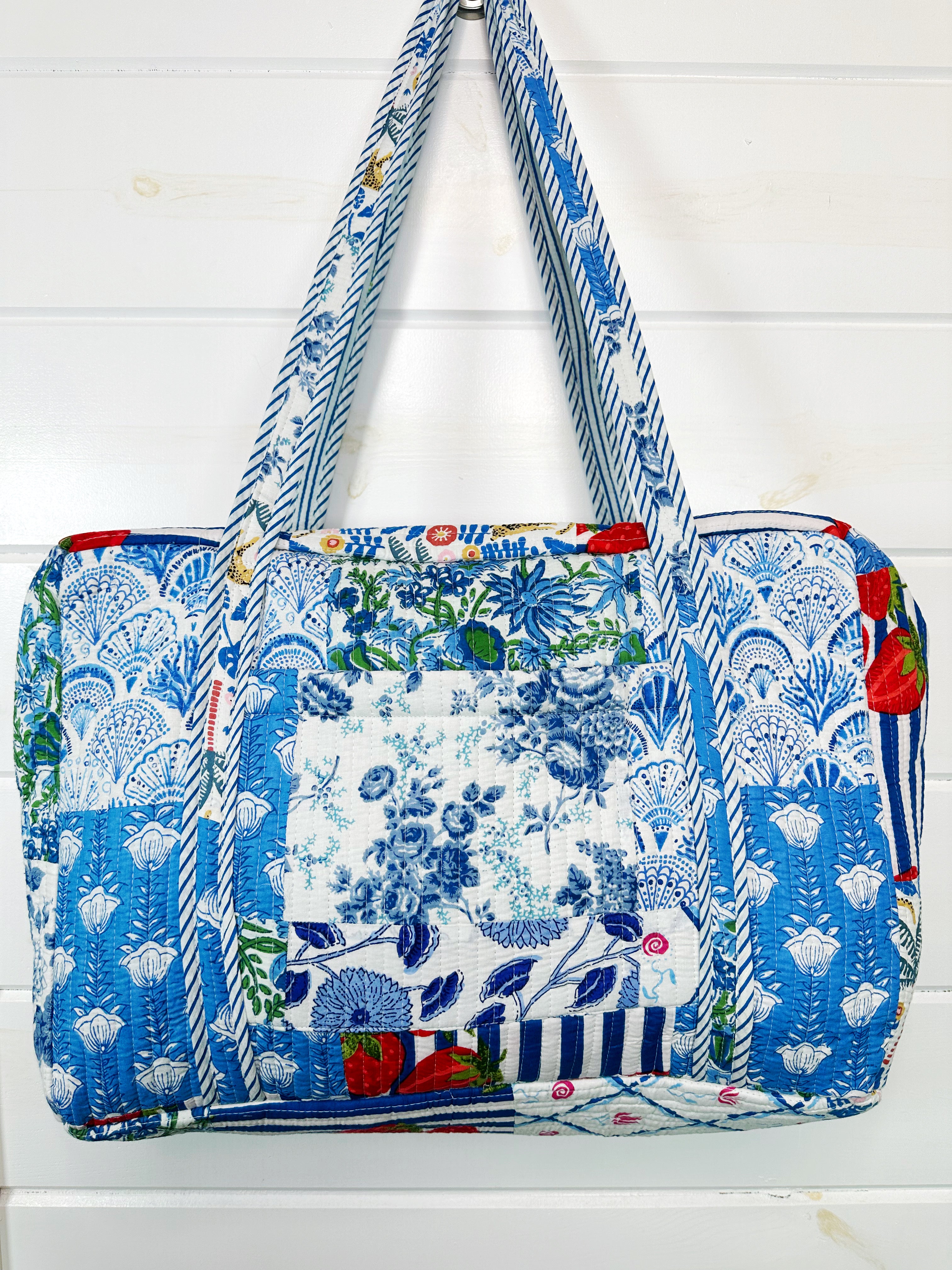 Blue Patchwork Quilted Weekender Overnight Bag