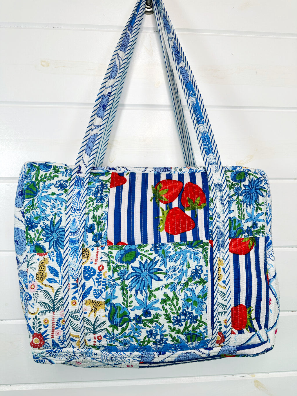 Blue Patchwork Quilted Weekender Overnight Bag
