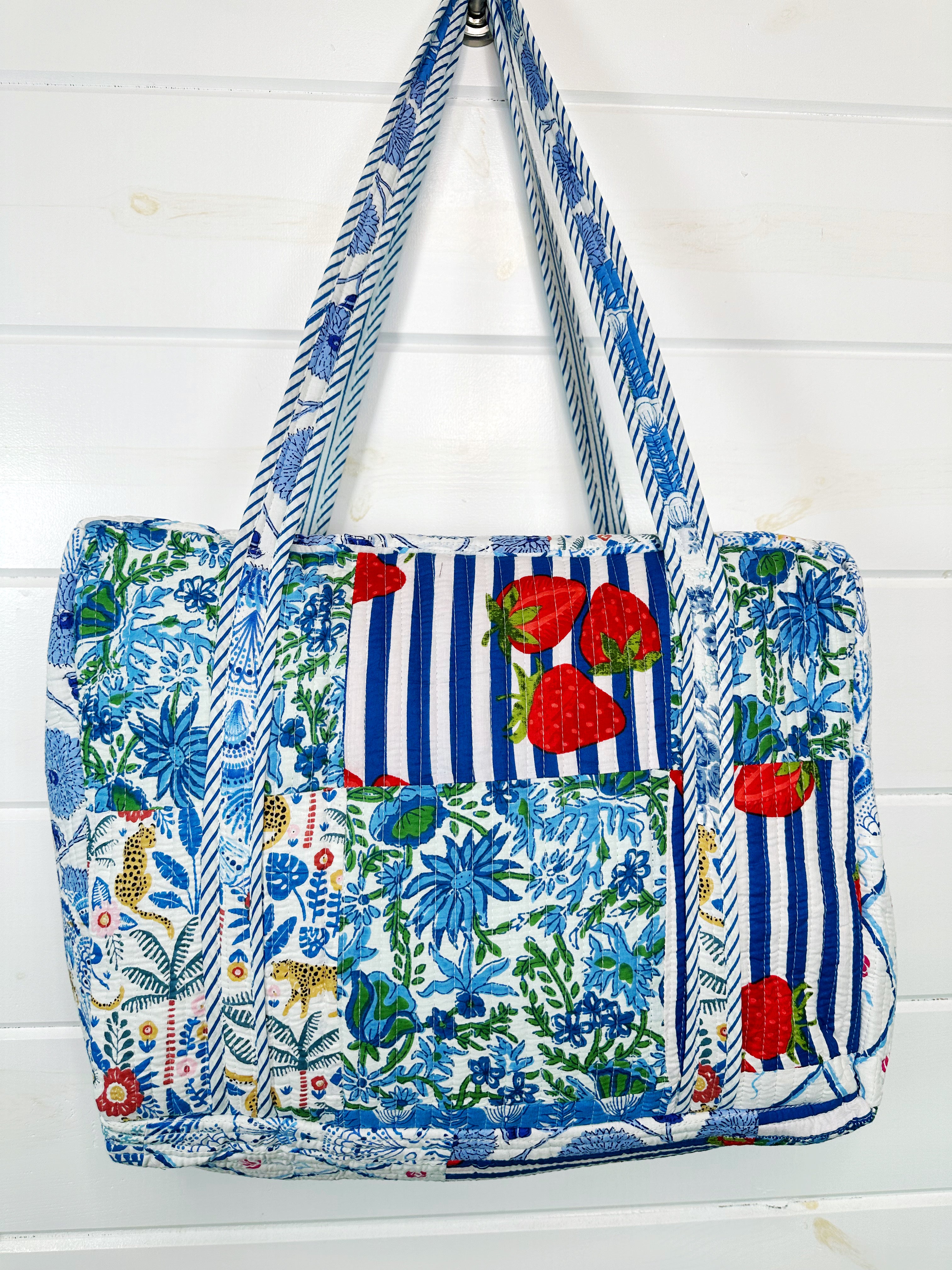 Blue Patchwork Quilted Weekender Overnight Bag