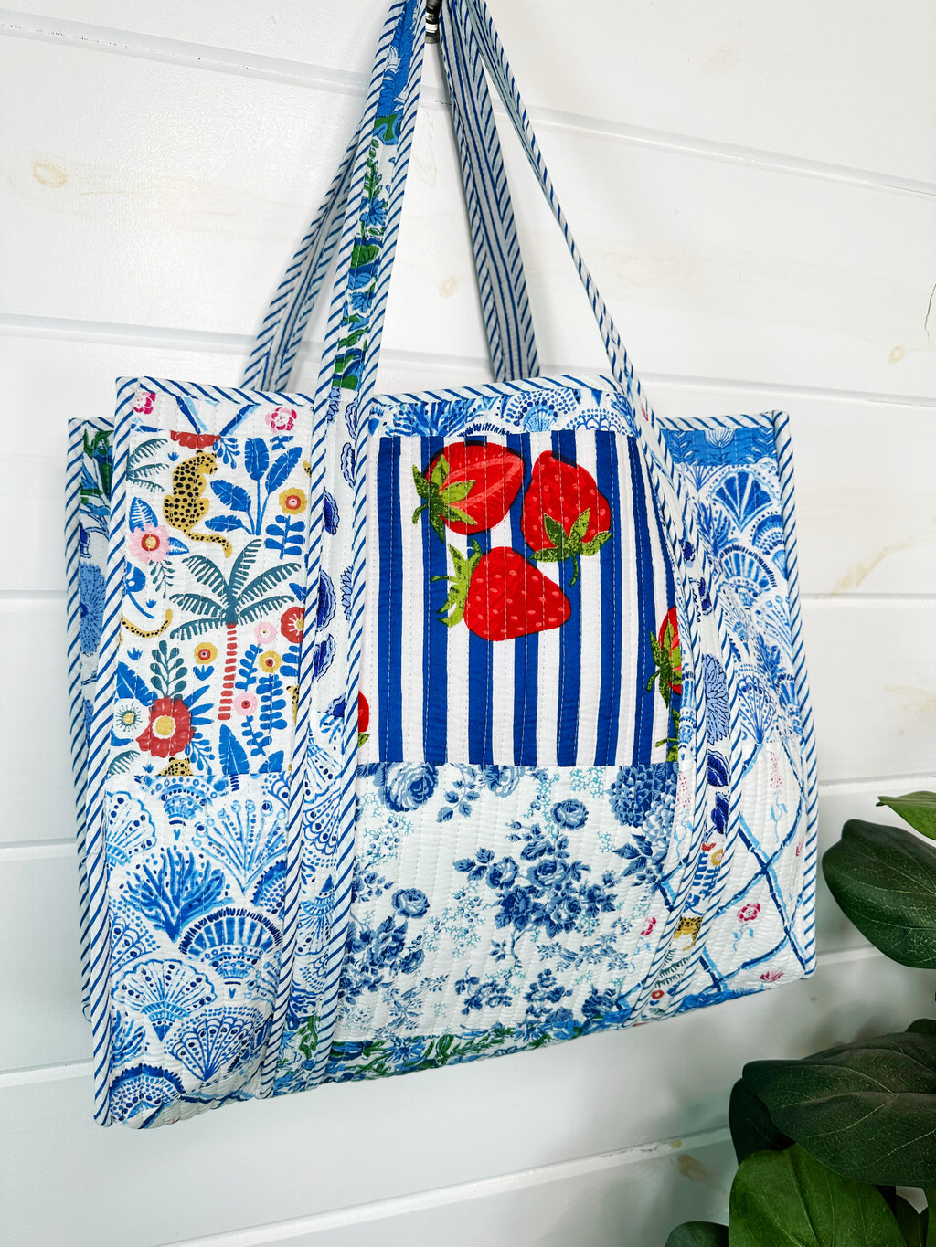 Blue Patchwork Quilted Cotton Reversible Large Tote Bag