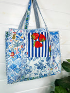 Blue Patchwork Quilted Cotton Reversible Large Tote Bag