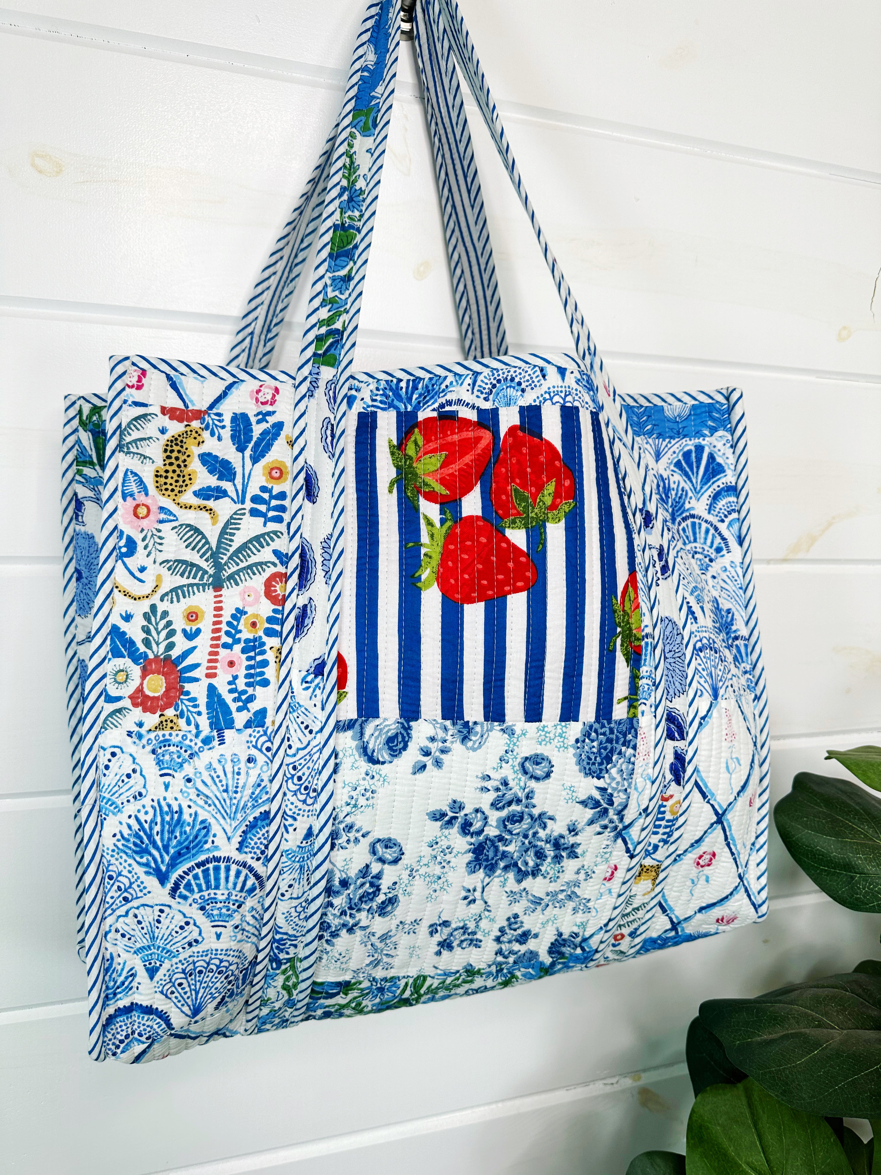 Blue Patchwork Quilted Cotton Reversible Large Tote Bag