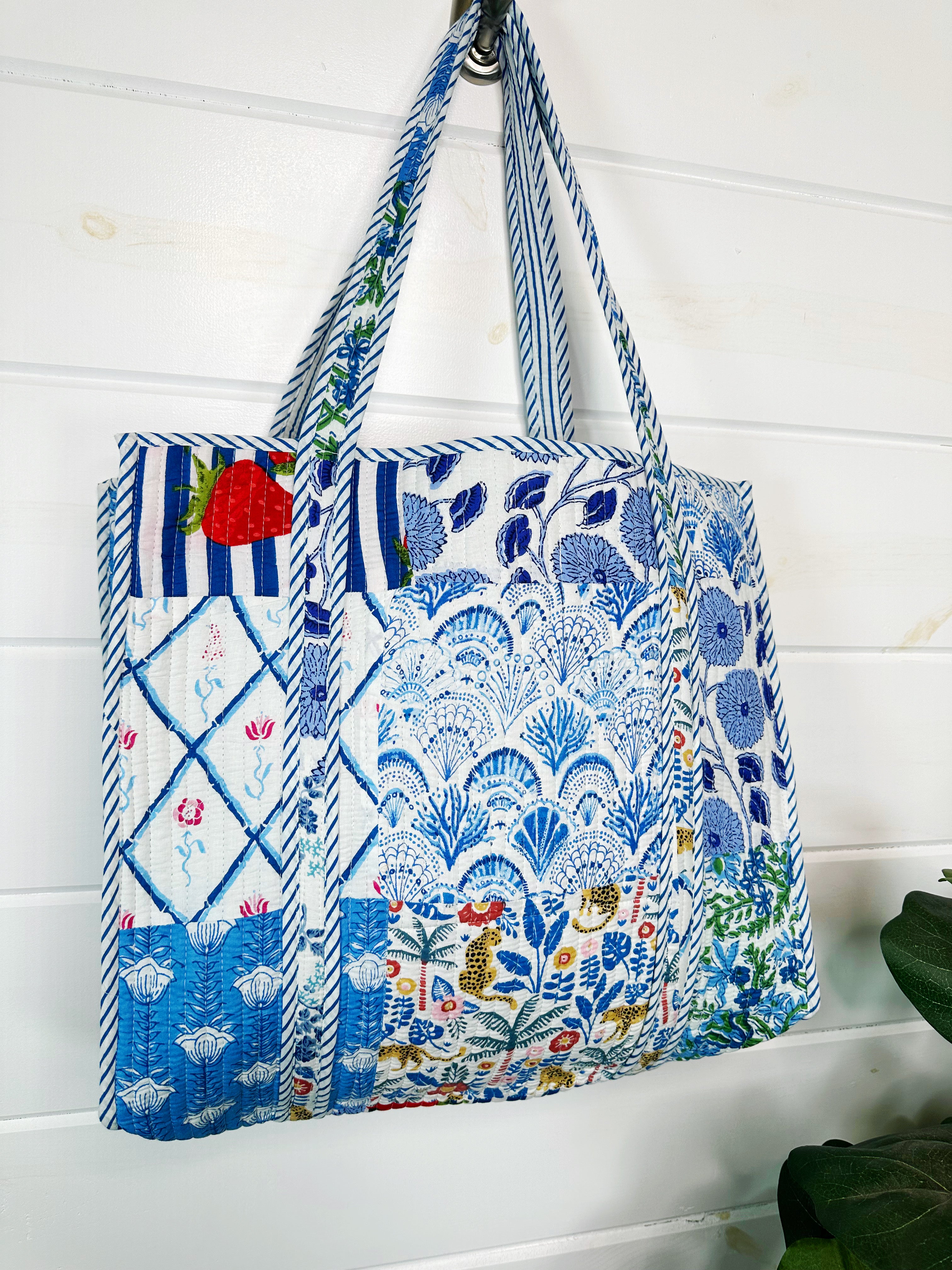 Blue Patchwork Quilted Cotton Reversible Large Tote Bag