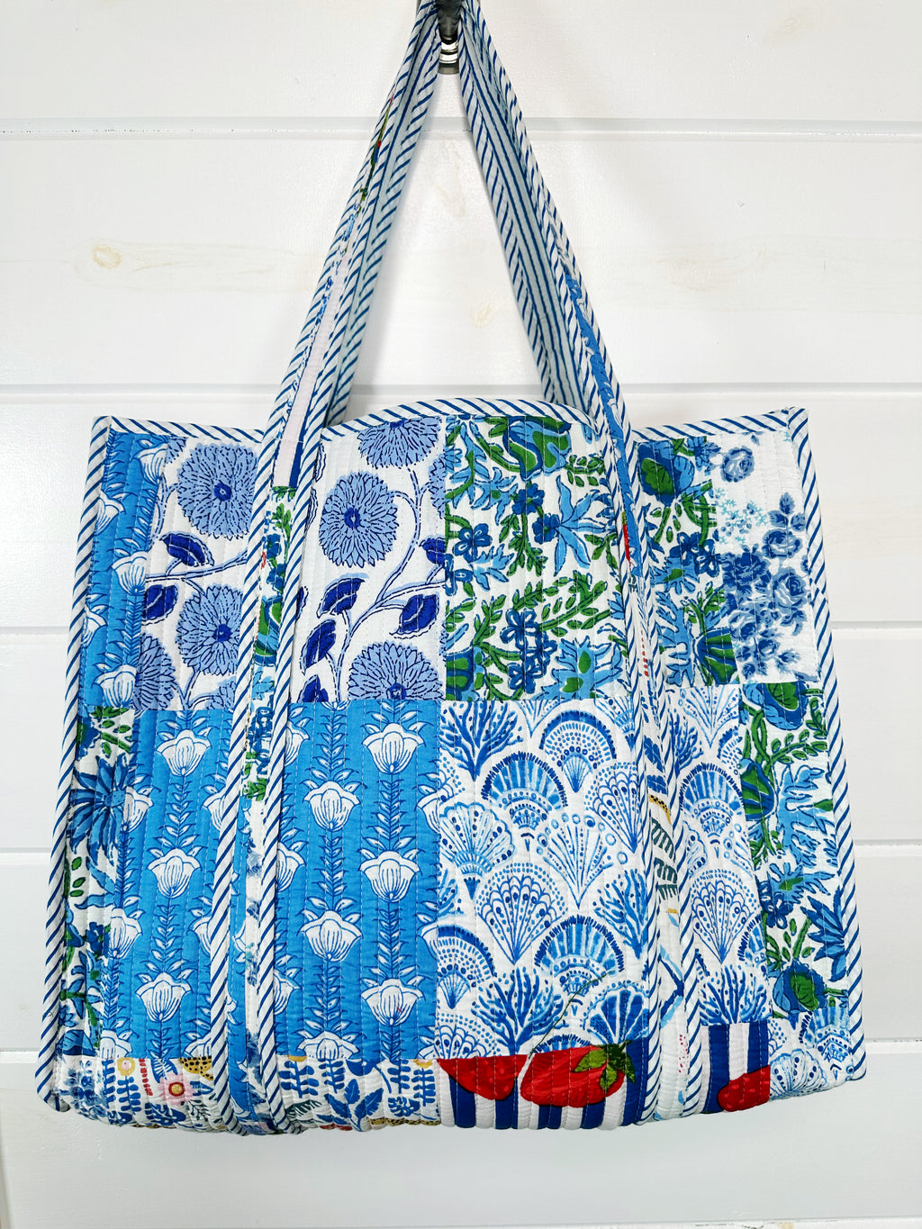 Blue Patchwork Quilted Cotton Reversible Large Tote Bag