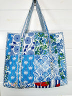 Blue Patchwork Quilted Cotton Reversible Large Tote Bag