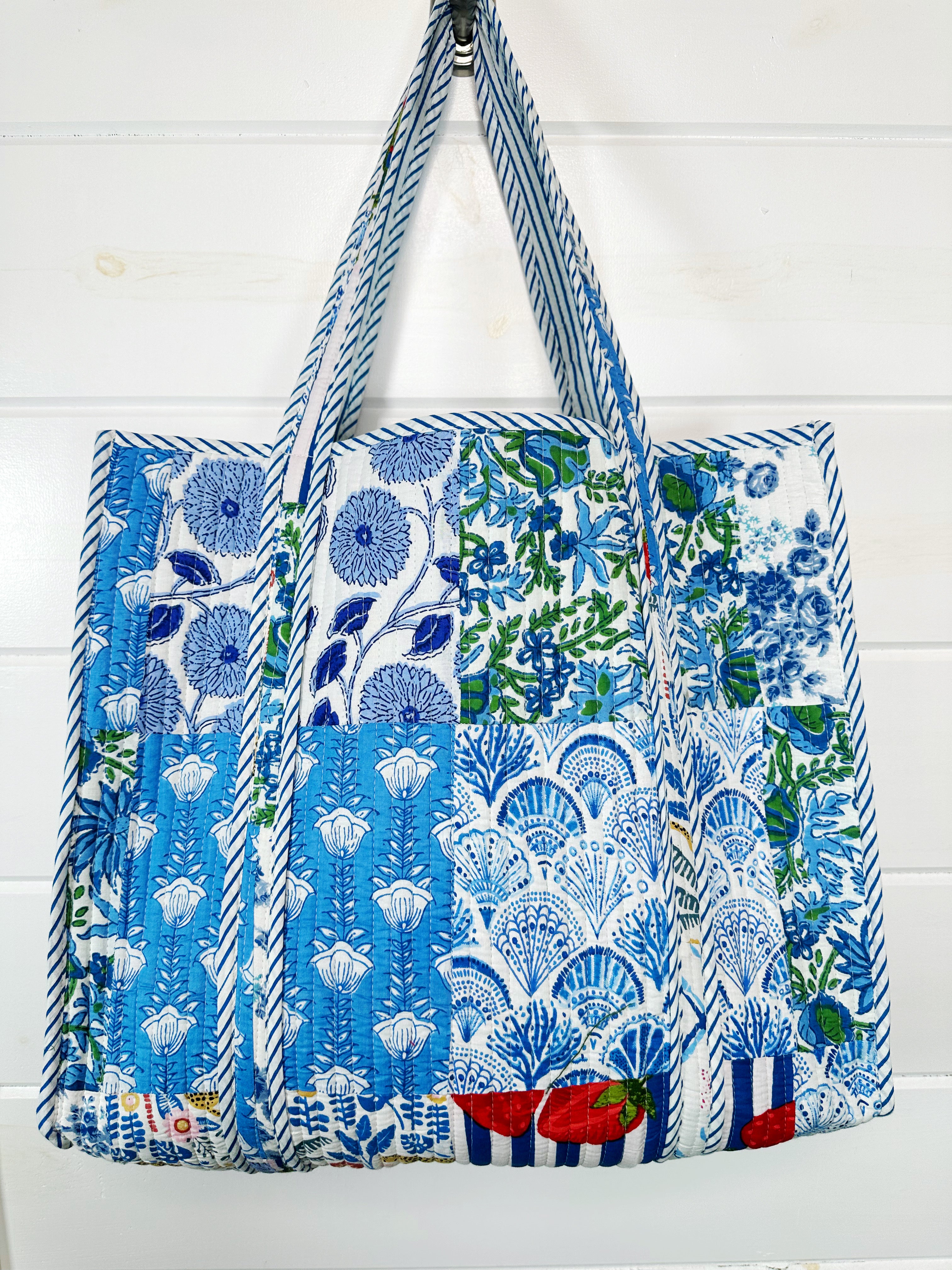 Blue Patchwork Quilted Cotton Reversible Large Tote Bag