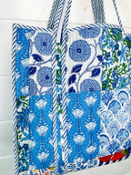 Blue Patchwork Quilted Cotton Reversible Large Tote Bag