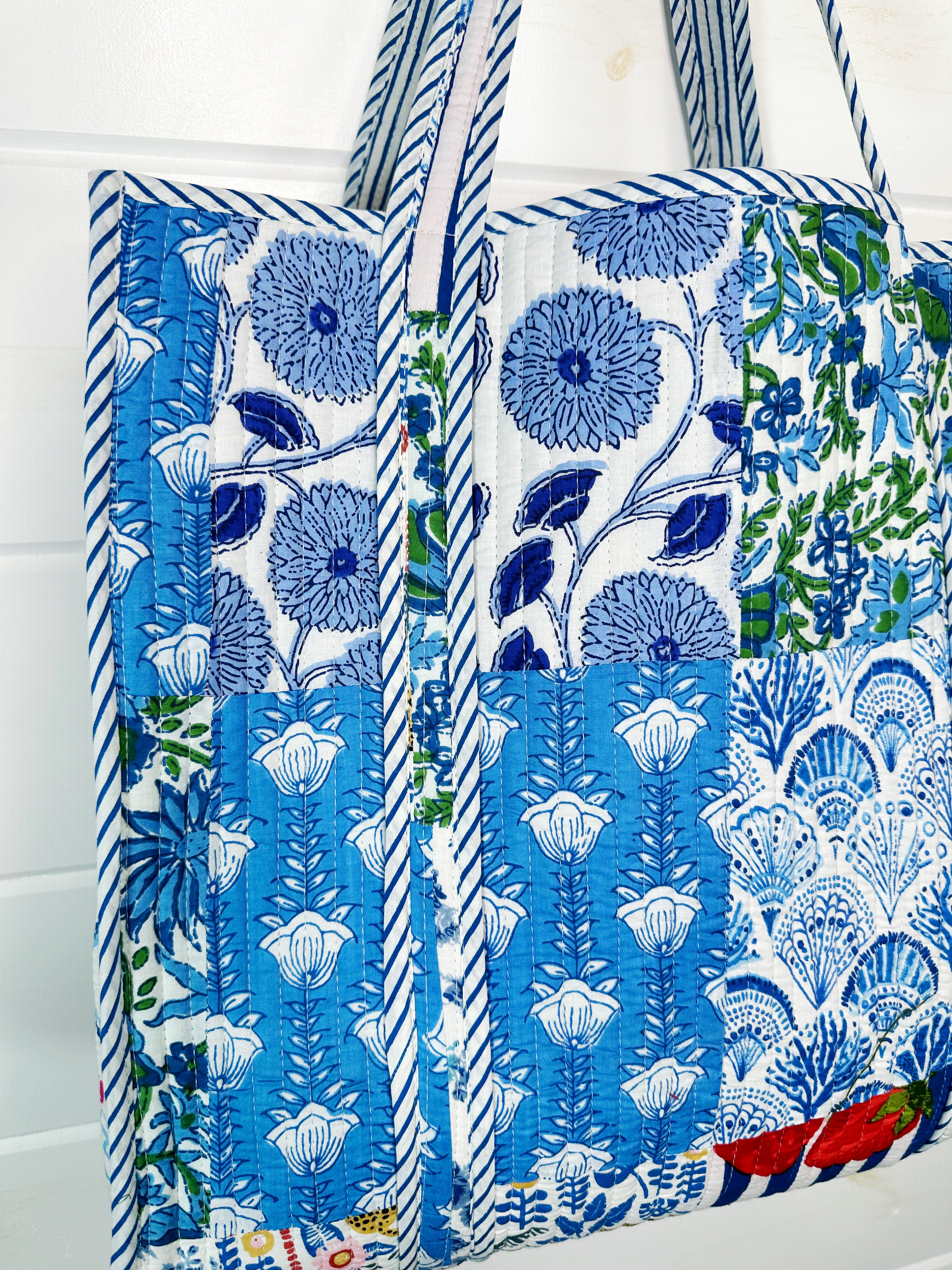 Blue Patchwork Quilted Cotton Reversible Large Tote Bag