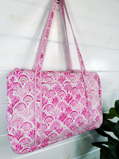 Pink Seashells Quilted Weekender Overnight Duffle Bag