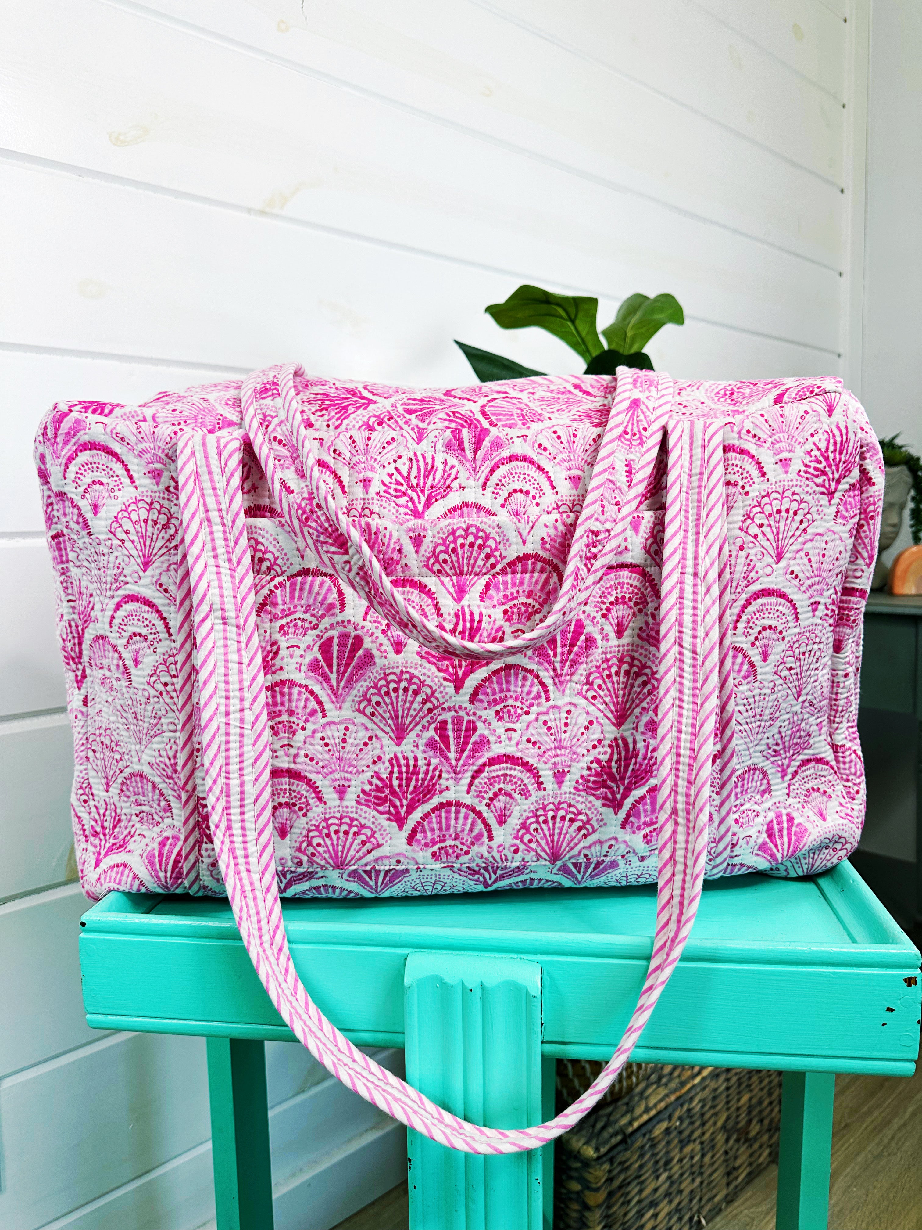 Pink Seashells Quilted Weekender Overnight Duffle Bag