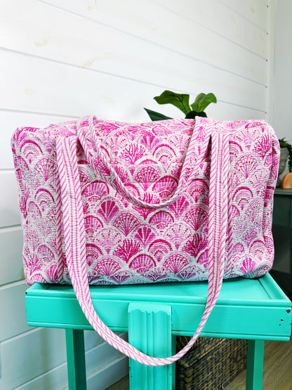 Pink Seashells Quilted Weekender Overnight Duffle Bag