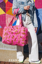 Pink Checkered Jaguar Print Quilted Weekender Overnight Bag