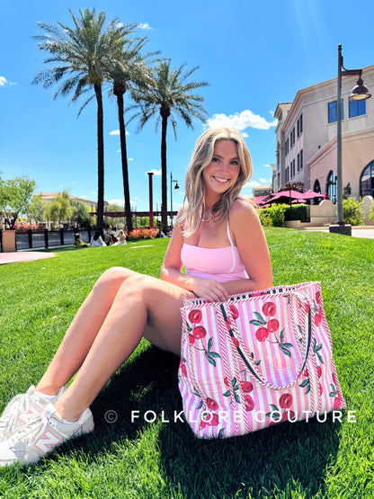 Pink Cherry Print Cotton Quilted Large Shopping Tote Bag