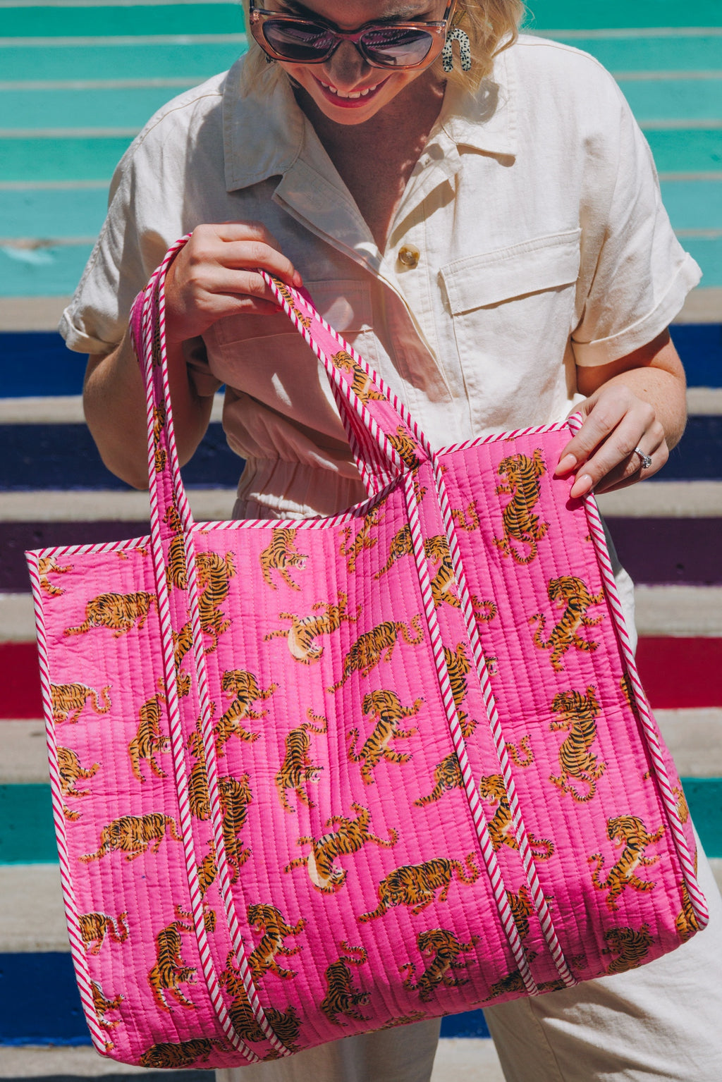 Bright Pink Tiger Print Quilted Cotton Reversible Large Tote Bag