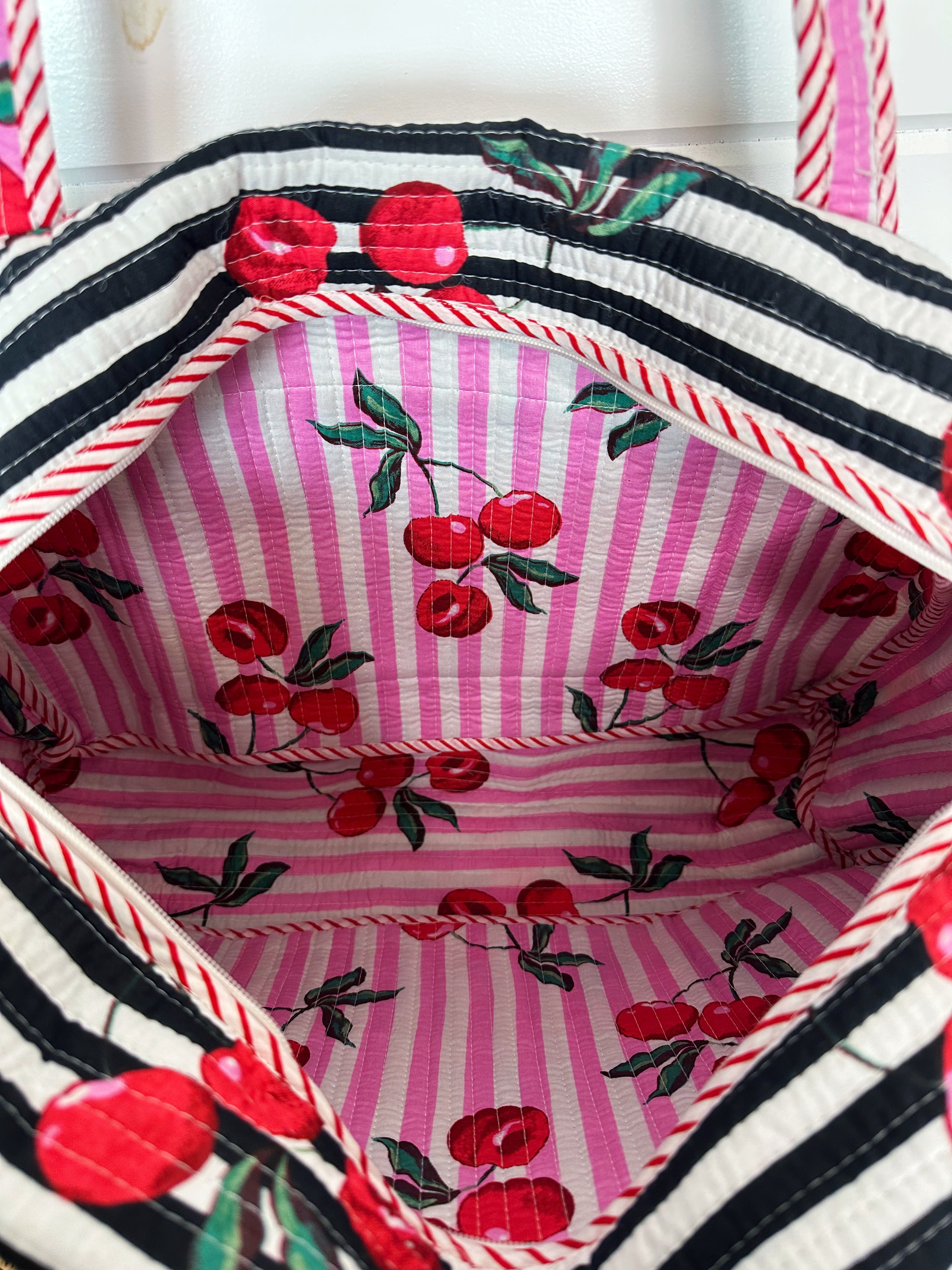 Black Cherry Print Quilted Weekender Overnight Bag