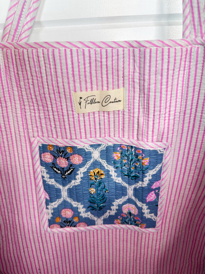 Blue Wildflowers Printed  Quilted Cotton Reversible Large Tote Bag