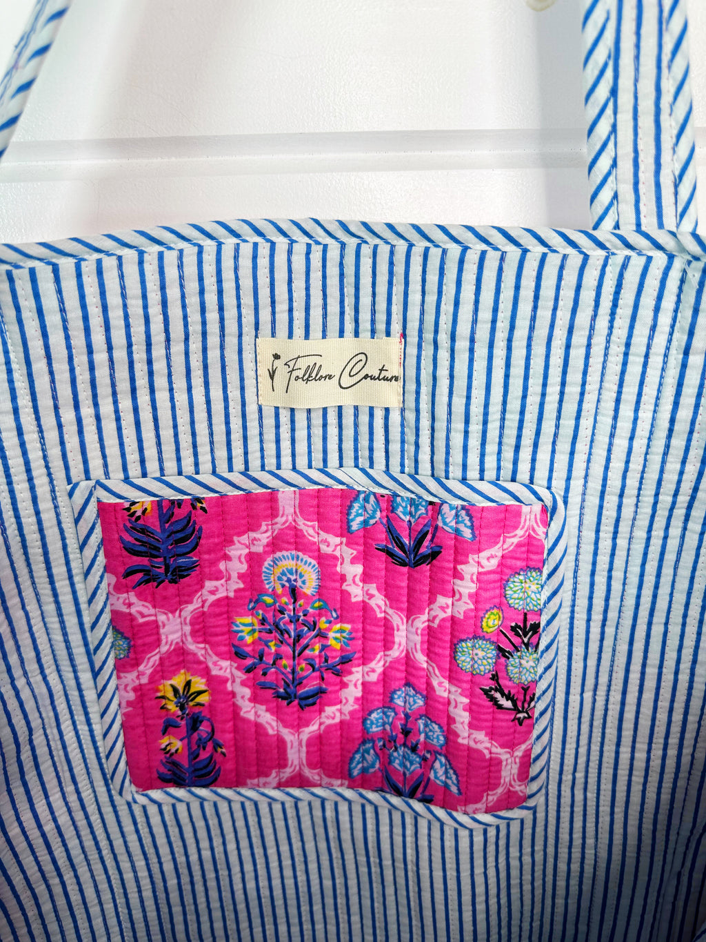 Pink Wildflowers Printed Quilted Cotton Reversible Large Tote Bag