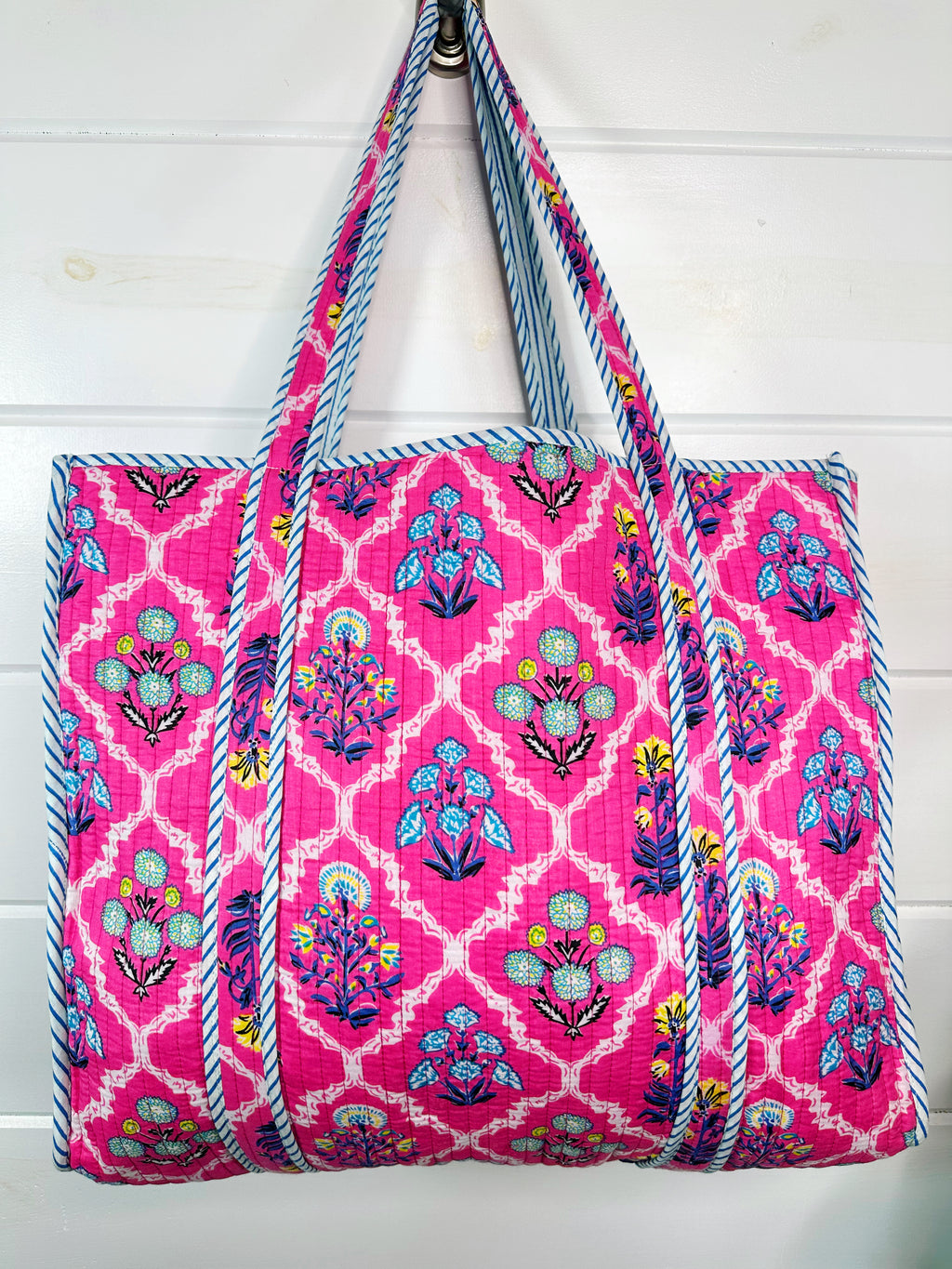 Pink Wildflowers Printed Quilted Cotton Reversible Large Tote Bag