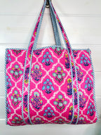 Pink Wildflowers Printed Quilted Cotton Reversible Large Tote Bag