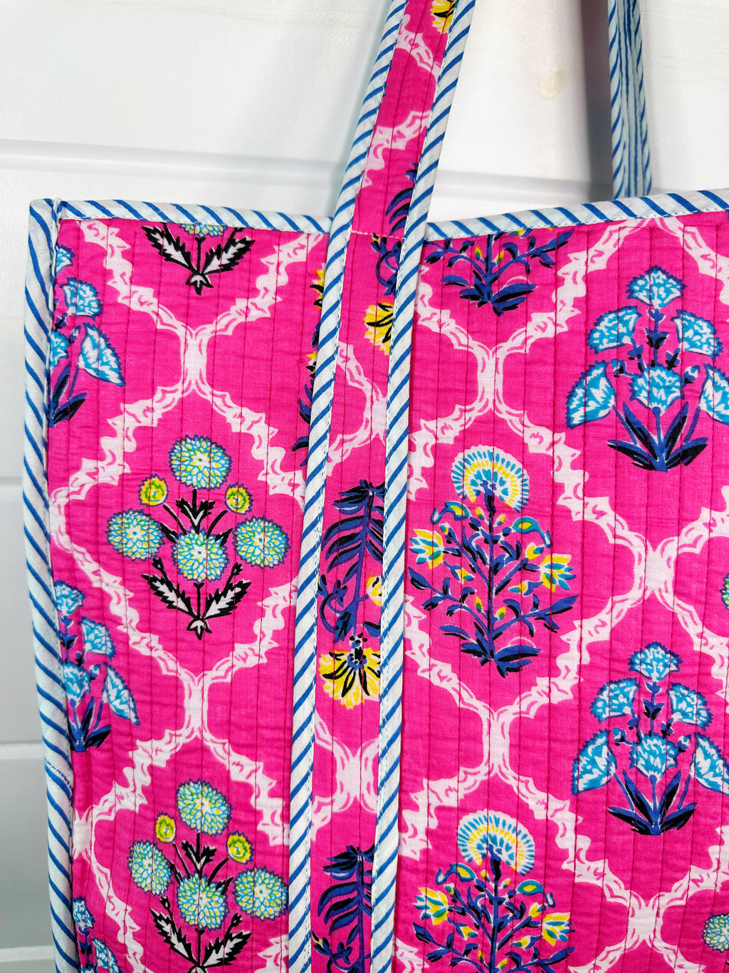 Pink Wildflowers Printed Quilted Cotton Reversible Large Tote Bag