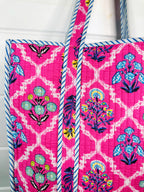 Pink Wildflowers Printed Quilted Cotton Reversible Large Tote Bag