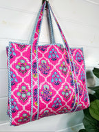Pink Wildflowers Printed Quilted Cotton Reversible Large Tote Bag