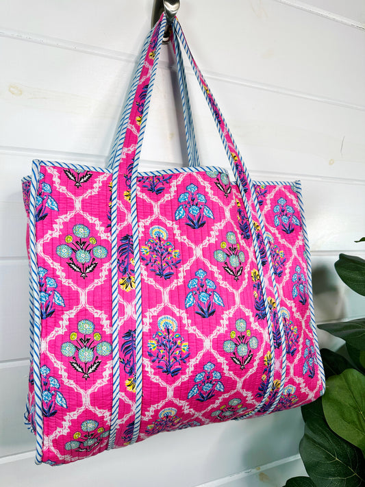 Pink Wildflowers Printed Quilted Cotton Reversible Large Tote Bag