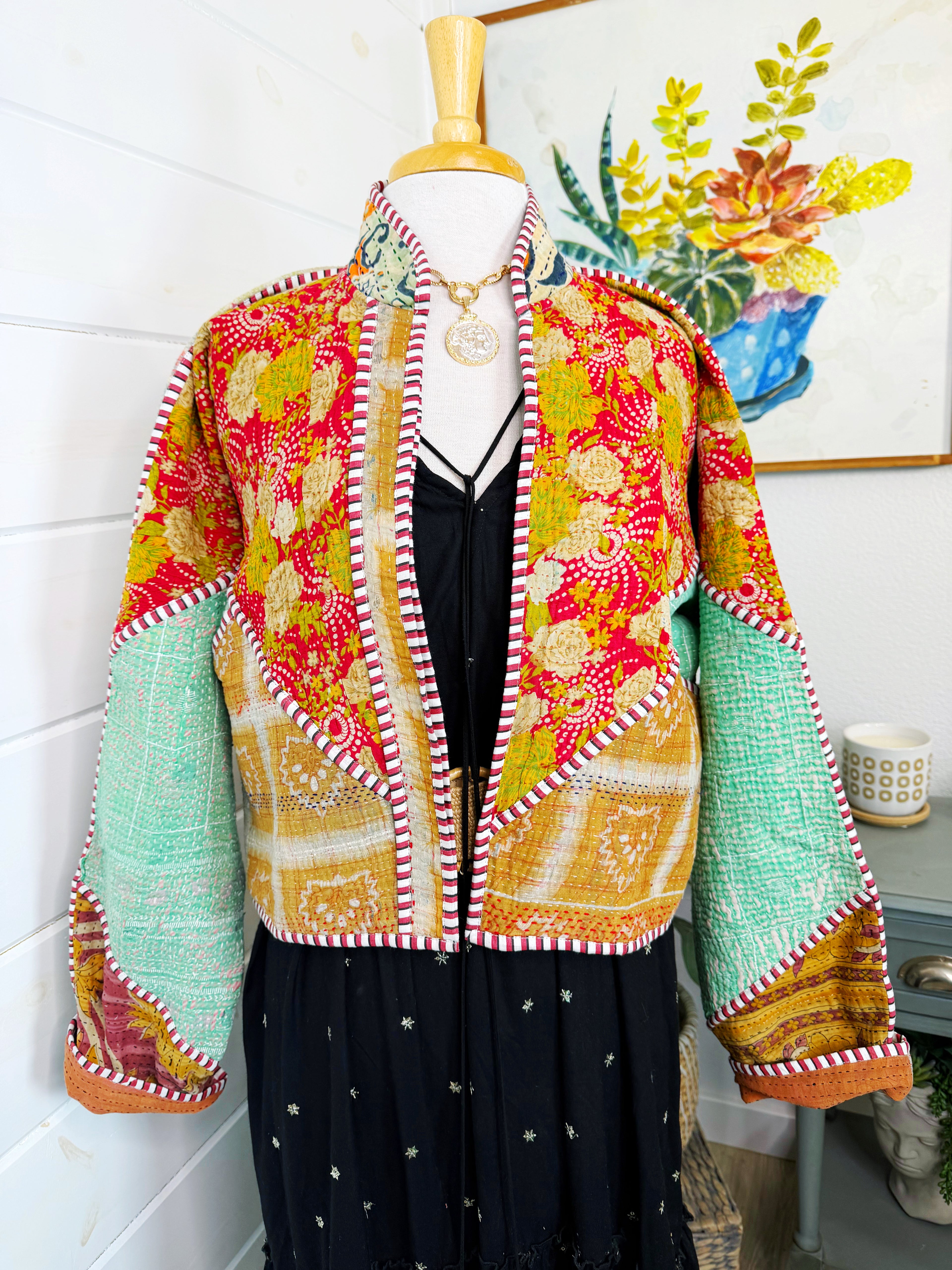 Boho Patchwork Kantha Jacket – Handmade Quilted & Reversible Blanket Coat