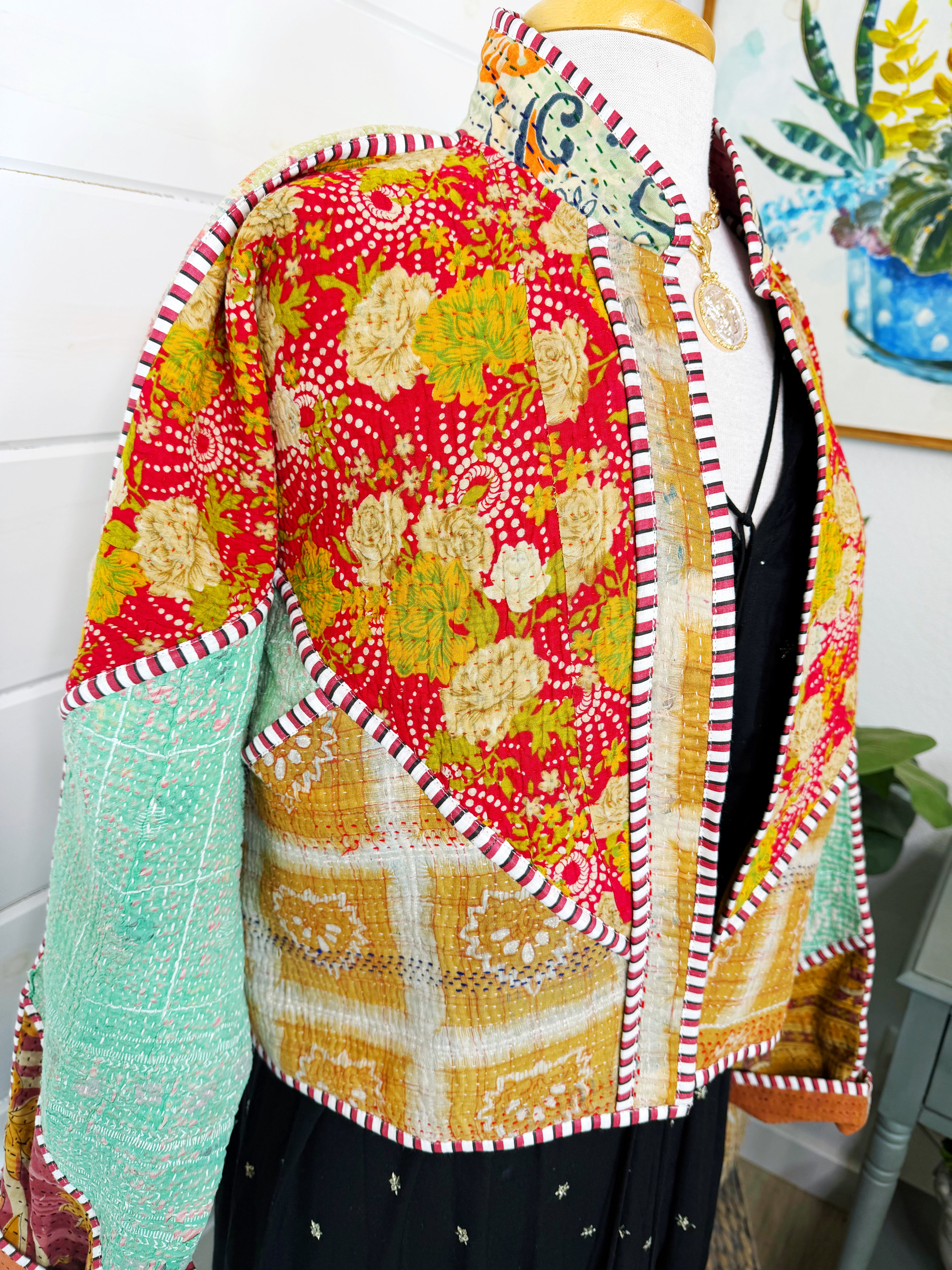 Boho Patchwork Kantha Jacket – Handmade Quilted & Reversible Blanket Coat