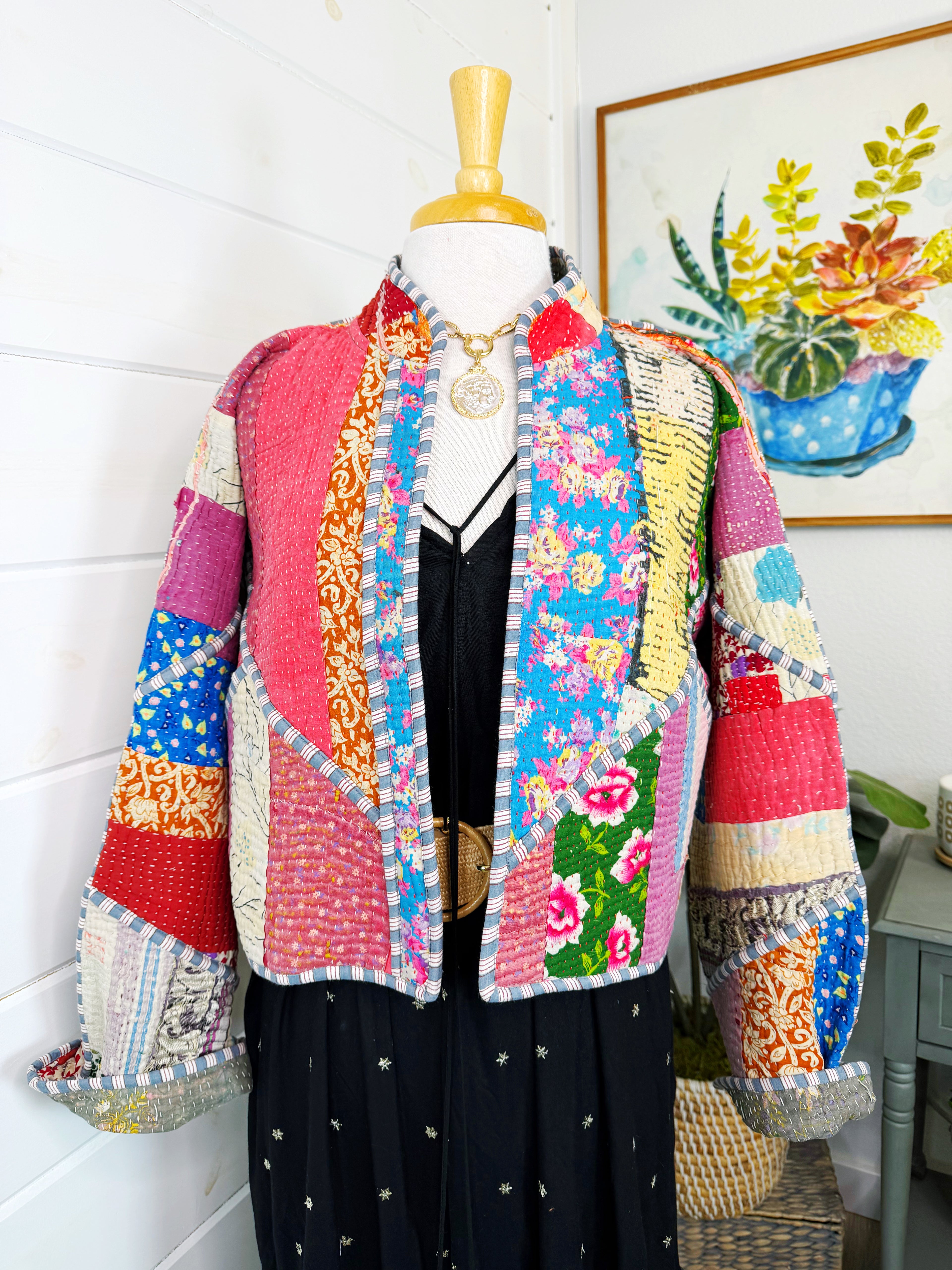 Boho Patchwork Kantha Jacket – Handmade Quilted & Reversible Blanket Coat