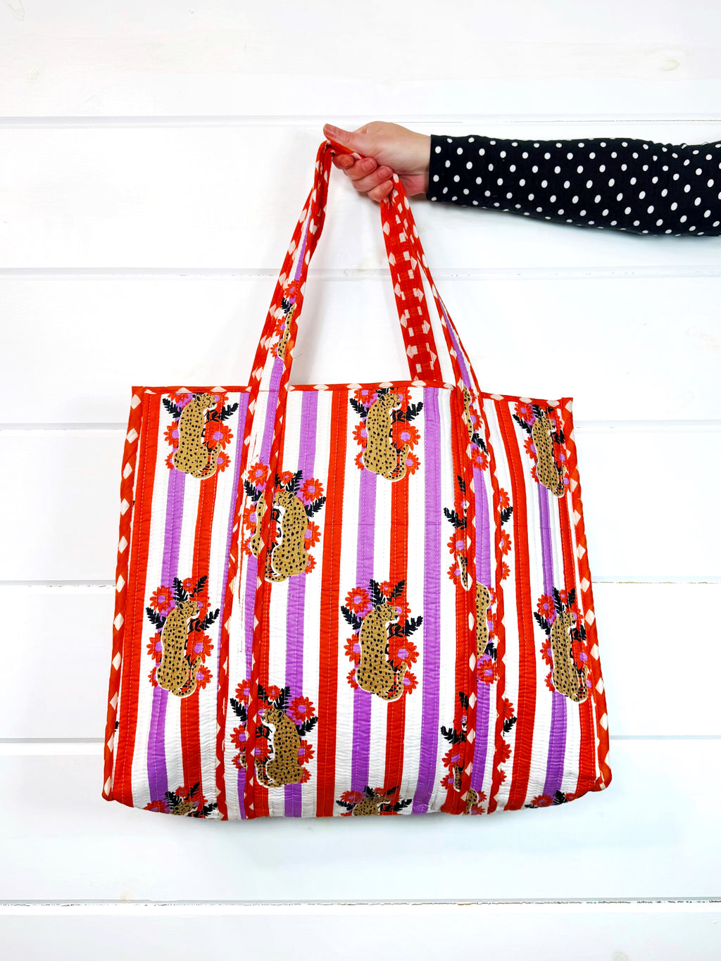 Large Quilted Travel Tote Bag - Orange and Purple Jaguar Print