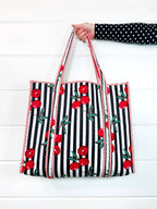 Quilted Cotton Reversible Large Tote Bag - Black Cherry Print