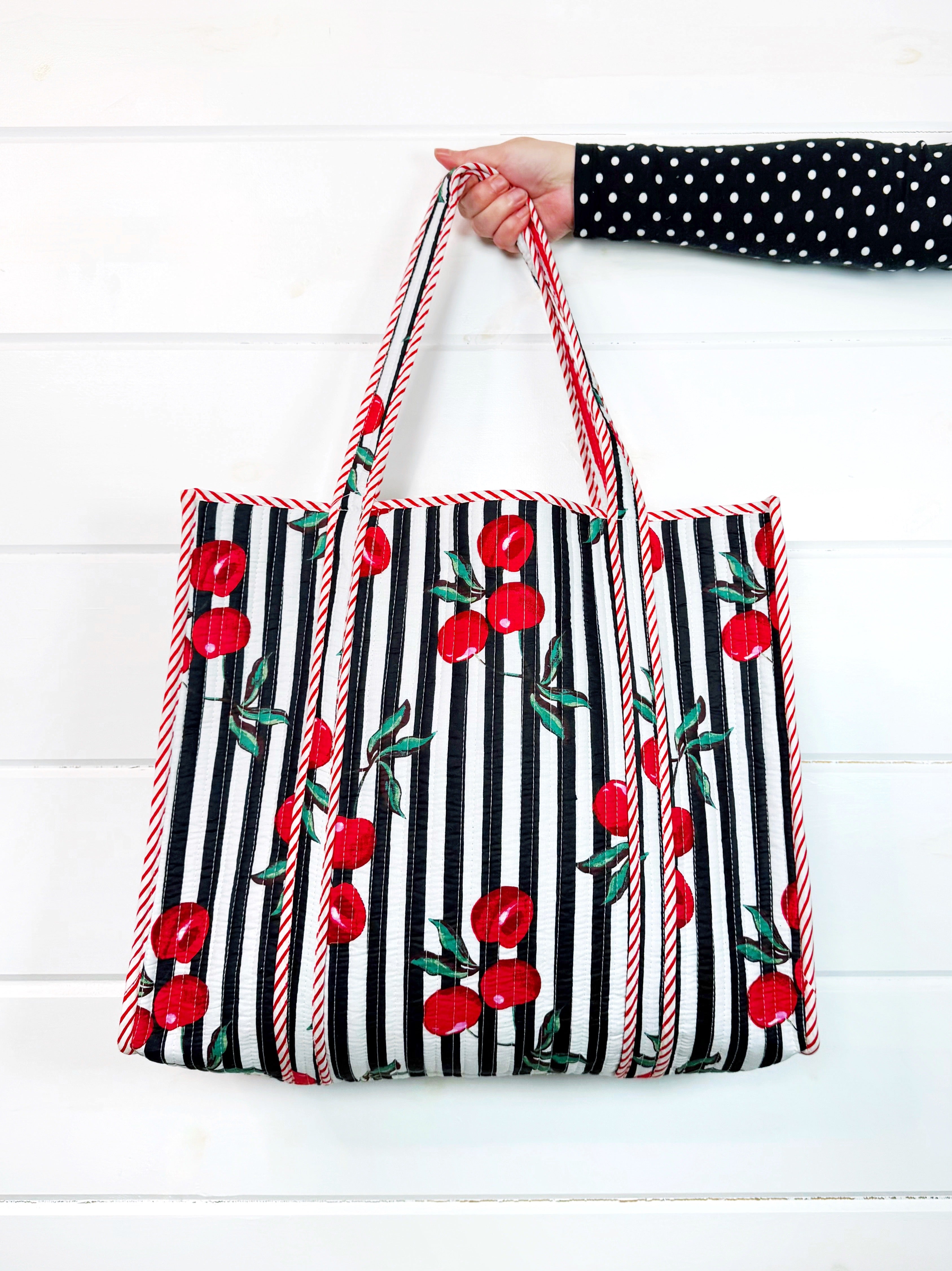 Quilted Cotton Reversible Large Tote Bag - Black Cherry Print