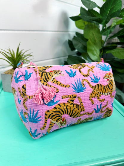 Light Pink Tiger Print Quilted Makeup Cosmetics Toiletry Bag