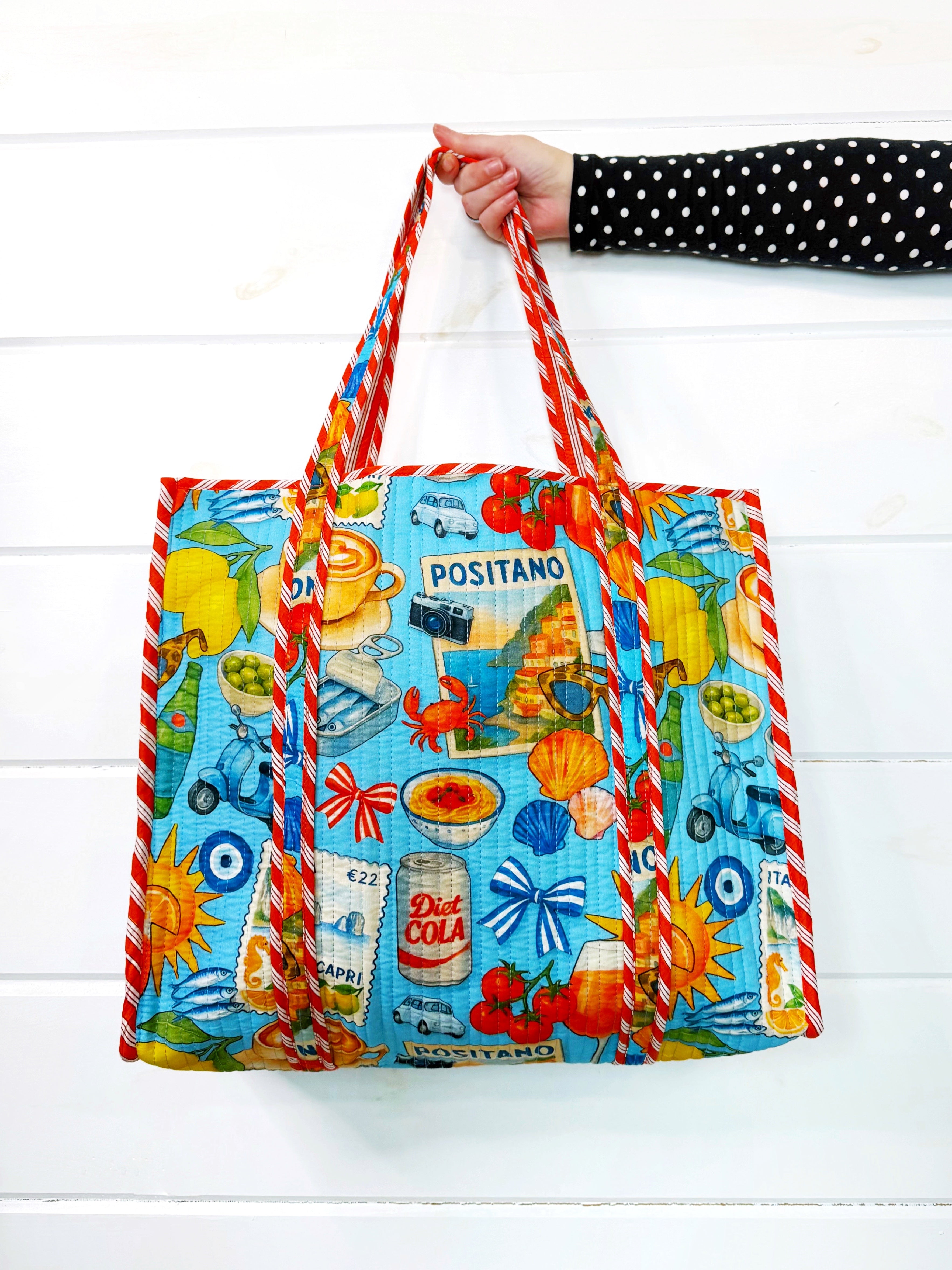 Quilted Cotton Reversible Large Tote Bag - Blue Italian Getaway