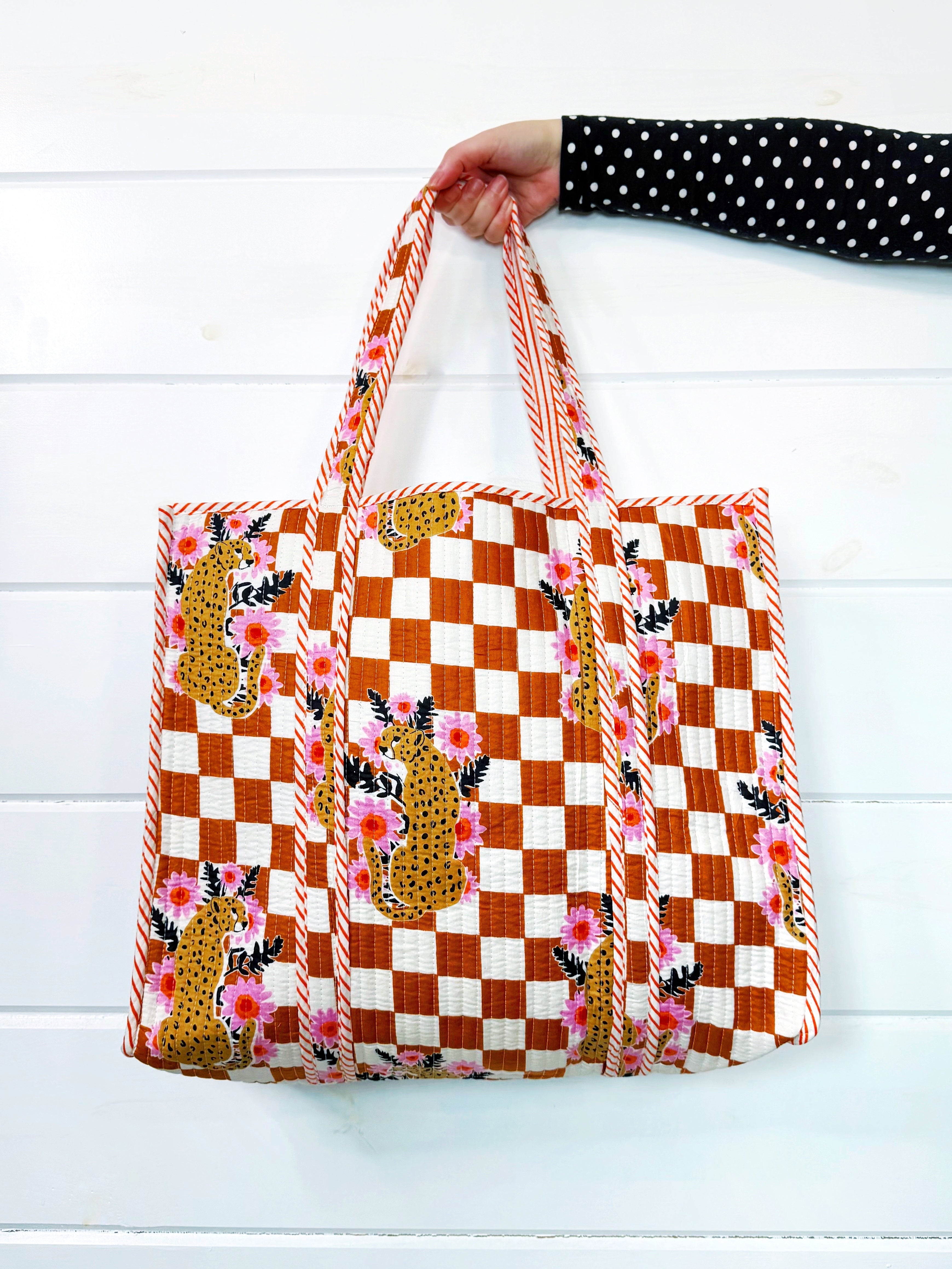 Blue Checkered Jaguar Print Quilted Cotton Tote Bag – Folklore Couture