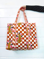 Gold Checkered Jaguar Print Quilted Cotton Tote Bag