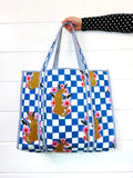 Blue Checkered Jaguar Print Quilted Cotton Tote Bag