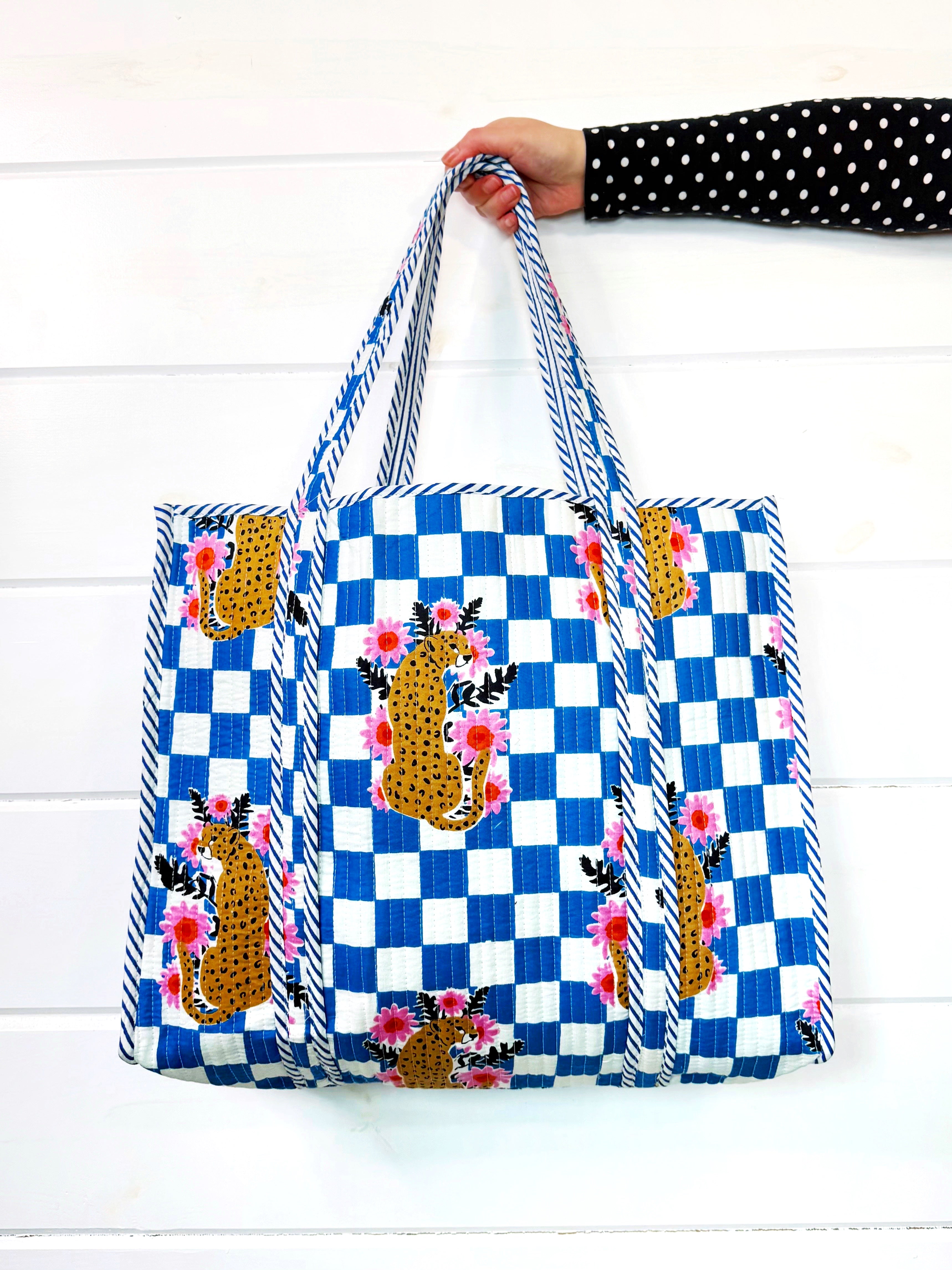 Blue Checkered Jaguar Print Quilted Cotton Tote Bag