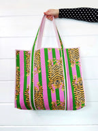 Quilted Large Tote Bag - Green Pink Tiger Print