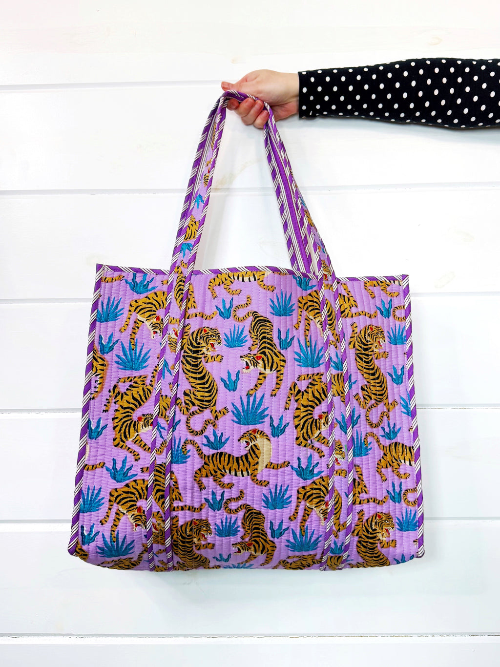 Large Quilted Tote Bag | Purple and Blue Tiger Print