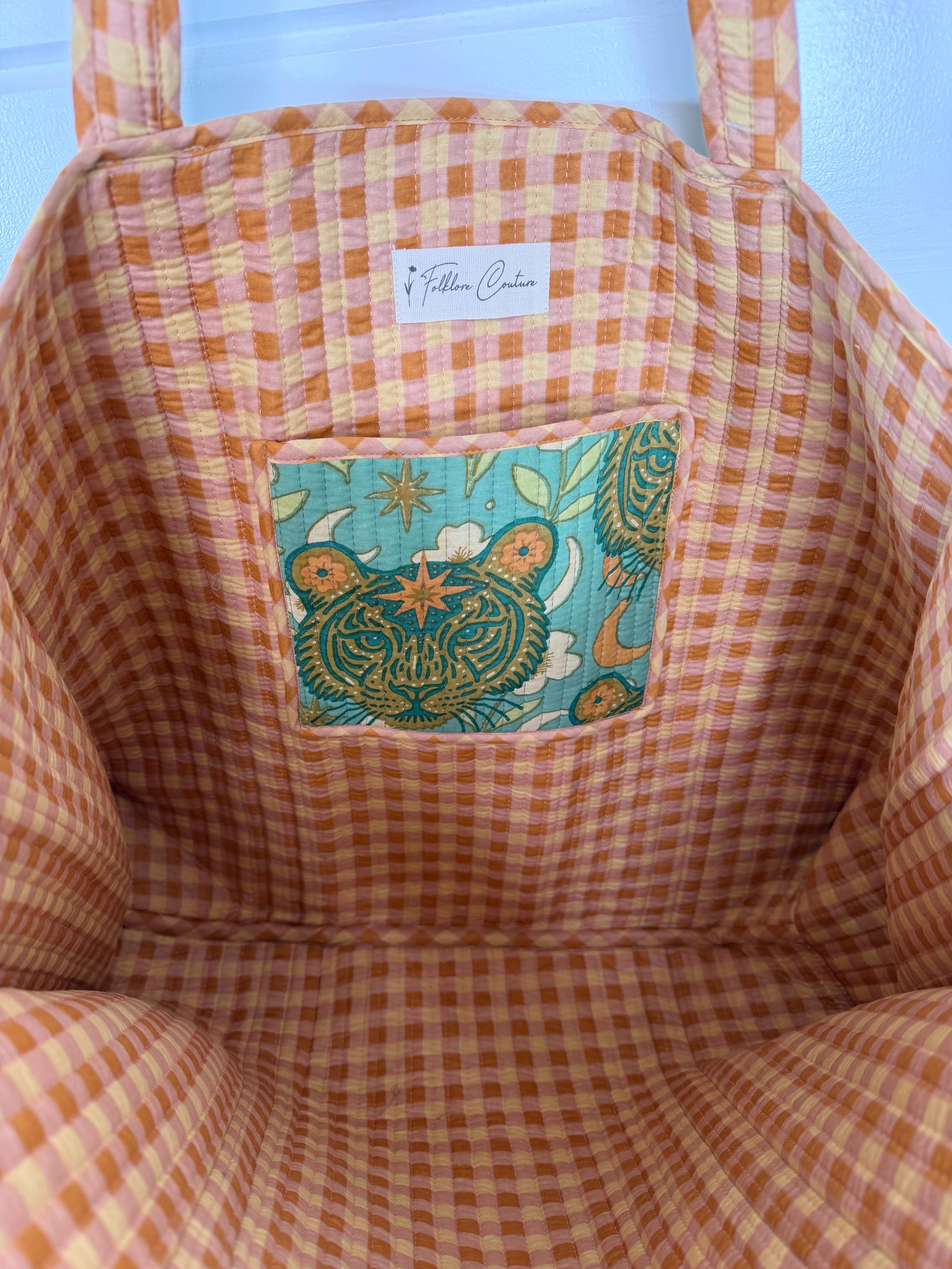 Quilted Cotton Reversible Large Tote Bag - Jade Celestial Tiger Print