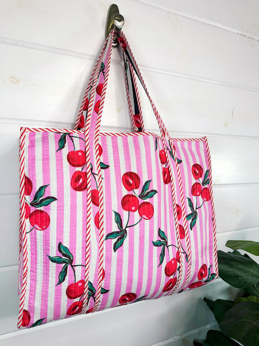 Pink Cherry Print Cotton Quilted Large Shopping Tote Bag