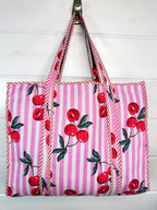 Pink Cherry Print Cotton Quilted Large Shopping Tote Bag